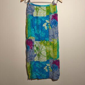 90s TOTOnKO 100% Rayon Patchwork Floral Maxi Skirt sz 2/4 Purple Green Artsy Boh